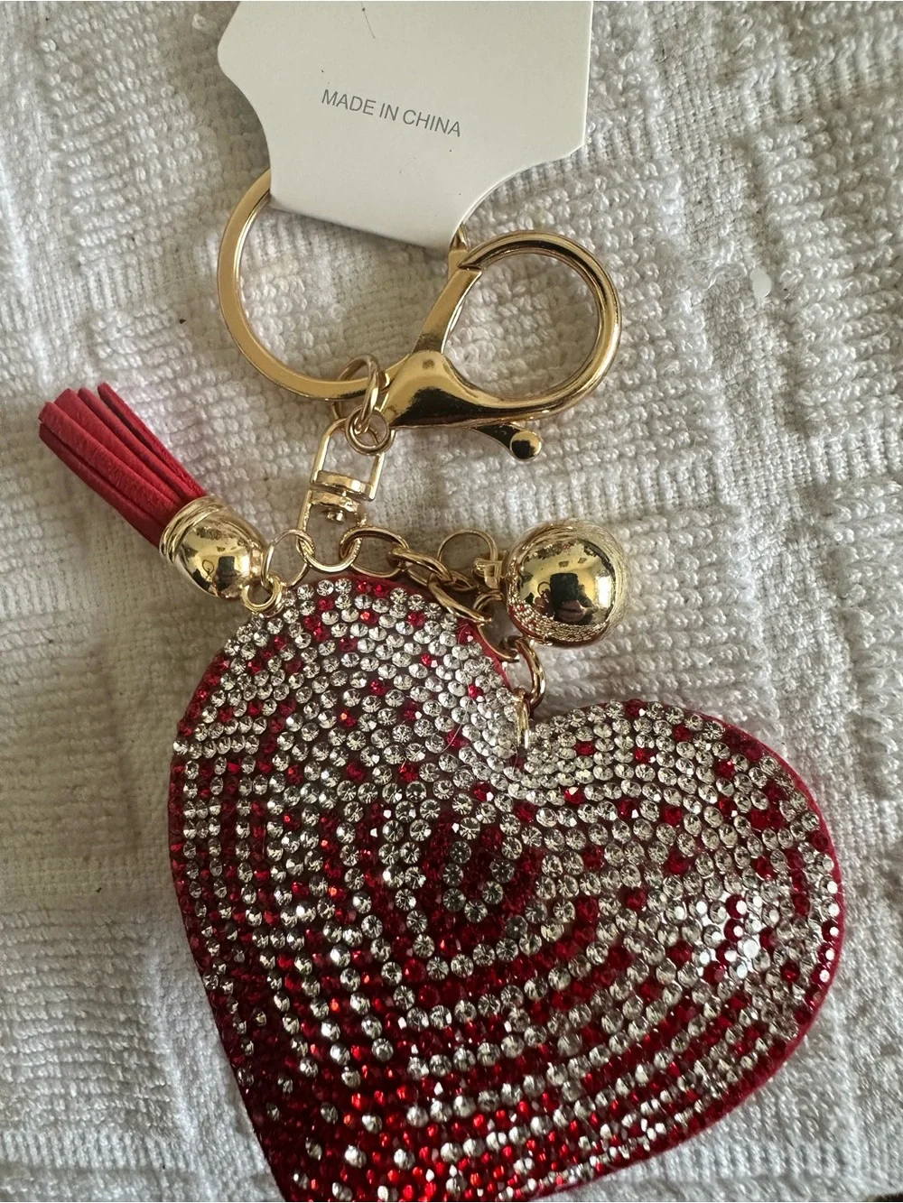 Source Unknown Red and Gold Crystal Heart Keychain with Tassel